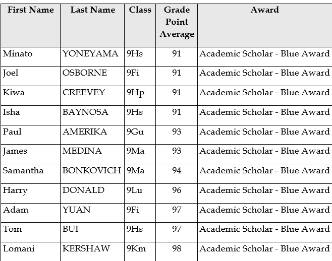 Y9 Academic Awards